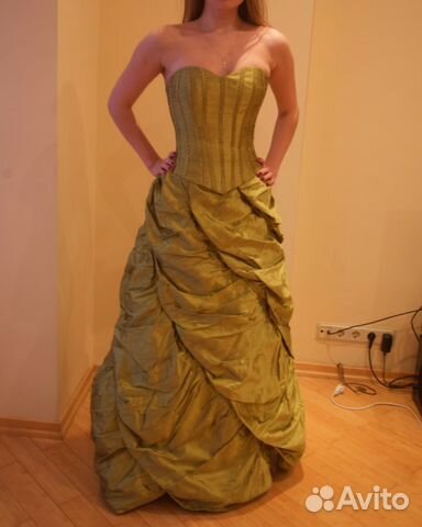 Вечернее бальное выпускное платье золото-изумрудно