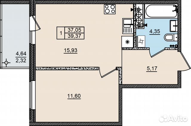 1-к квартира, 39.4 м², 3/9 эт.