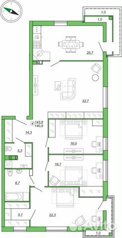 4-к квартира, 143.8 м², 4/5 эт.