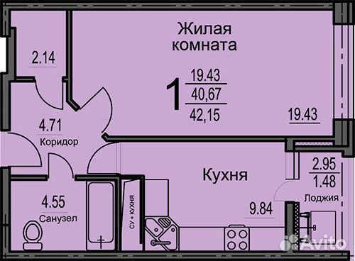 1-к квартира, 42.2 м², 21/25 эт.