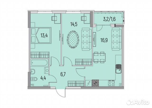 2-к квартира, 57.5 м², 4/6 эт.