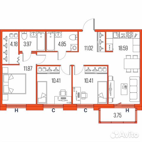 3-к квартира, 75.3 м², 3/22 эт.