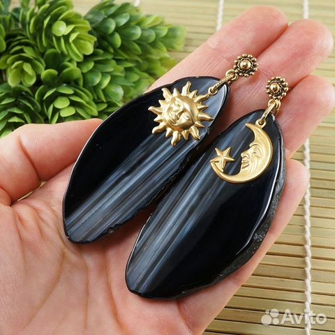 Серьги Солнце и Луна Полумесяц Черный Срез Агата