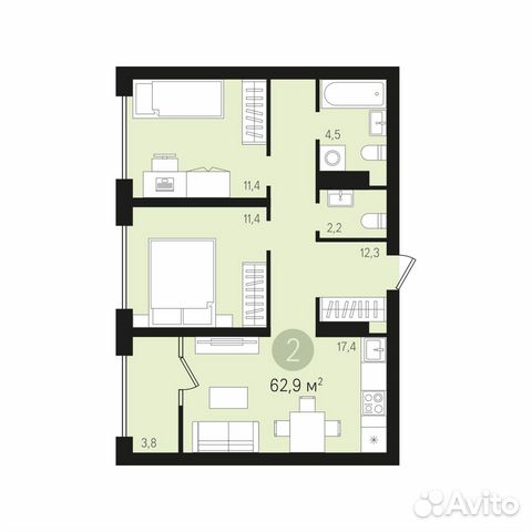 2-к квартира, 62.9 м², 6/8 эт.