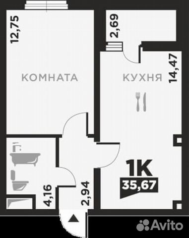 1-к квартира, 35.7 м², 1/16 эт.