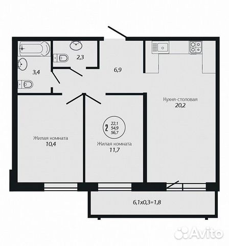 2-к квартира, 56.7 м², 6/19 эт.