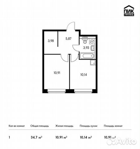 1-к квартира, 34.7 м², 13/17 эт.