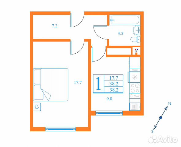 1-к квартира, 38.2 м², 1/17 эт.