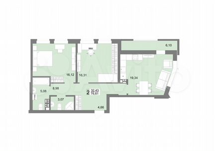 2-к. квартира, 76 м², 9/12 эт.