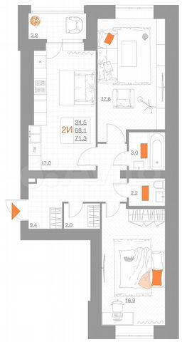 2-к. квартира, 71,3 м², 4/5 эт.
