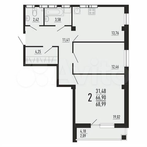 2-к. квартира, 69 м², 14/16 эт.