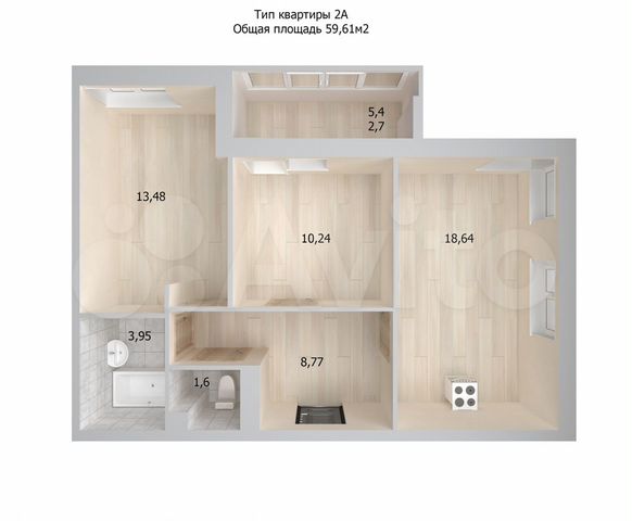 2-к. квартира, 62,5 м², 16/19 эт.