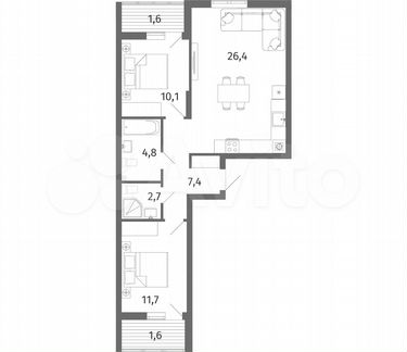 2-к. квартира, 66,3 м², 1/5 эт.