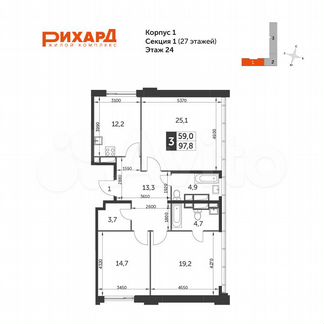 3-к квартира, 97.8 м², 24/27 эт.