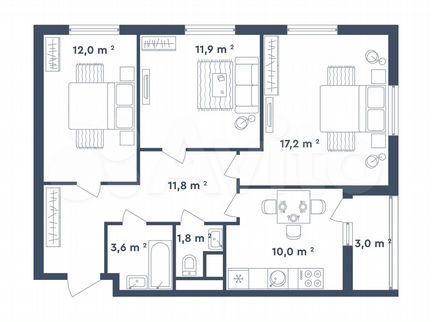 3-к квартира, 69.8 м², 6/26 эт.
