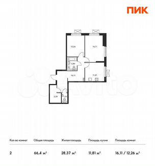 2-к квартира, 66.4 м², 24/33 эт.