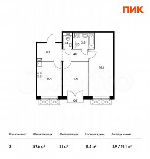 2-к квартира, 57.6 м², 2/9 эт.