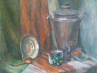 Картина маслом самовар с чайником и ложкой натюрмо