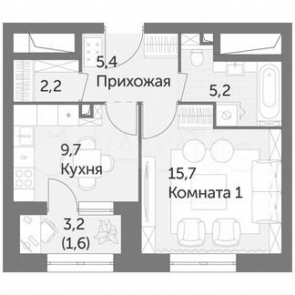 1-к квартира, 39.8 м², 2/38 эт.